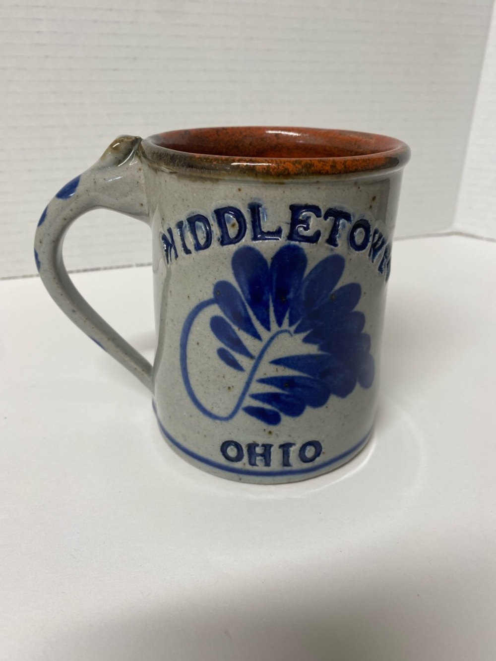Harvey Pottery Salt Glazed Stoneware USA Mug Blue Leaf 1995 Middletown Ohio Hot